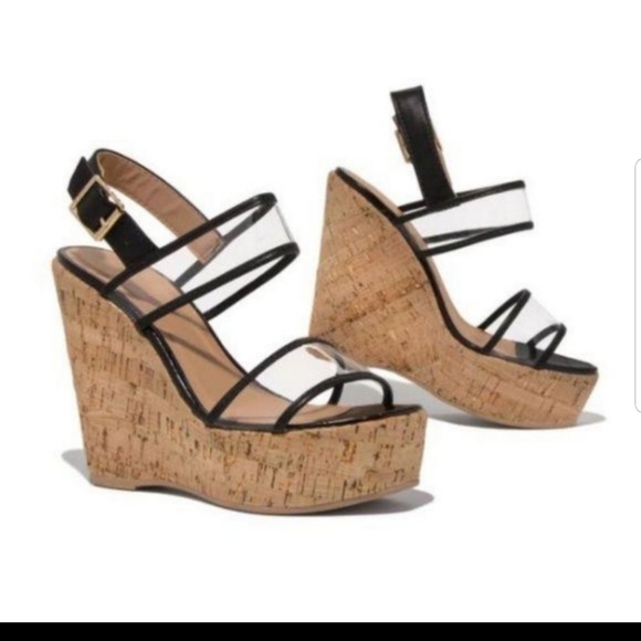 Qupid Shoes - Cork Wedge Platform in Black/Clear